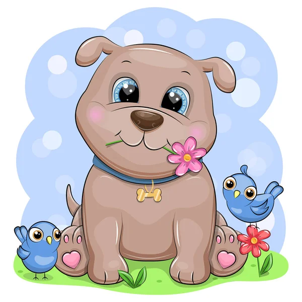 Netter Cartoon Hund Mit Blume Und Blauen Vögeln Vektor Illustration — Stockvektor