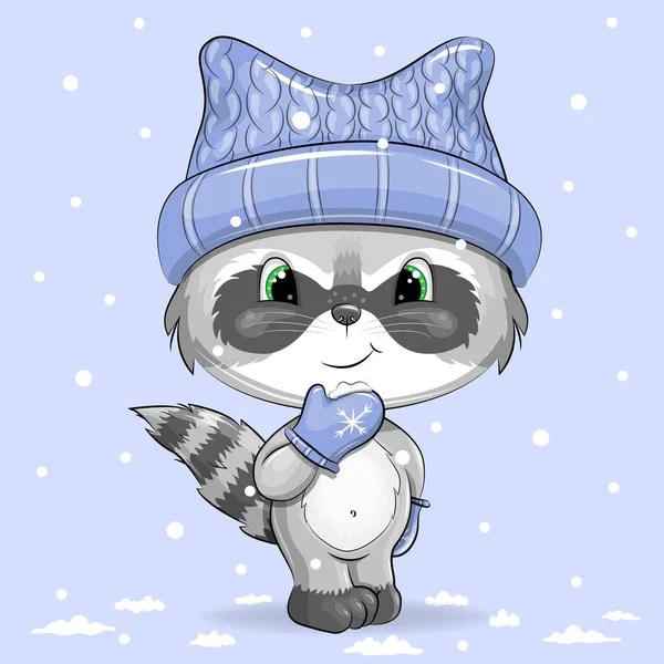 可爱的卡通浣熊 戴着蓝色的冬帽和手套 蓝色背景上有雪的动物的冬季矢量图 — 图库矢量图片