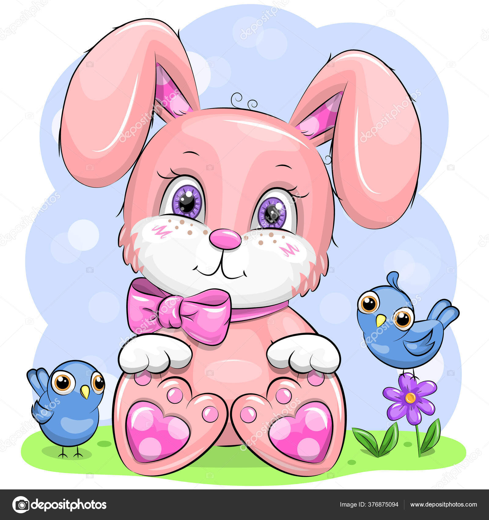Cute Cartoon Pink Rabbit Pink Bow Sitting Grass Blue Birds Stock Vector by  ©Oncidium 376875094