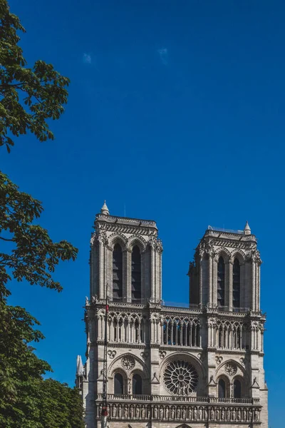 Catedral de Notre Dame bajo el cielo azul, en París, Francia —  Fotos de Stock