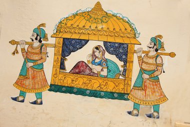 Geleneksel antik duvar boyama Hint kadının doli üzerinde atılıyor