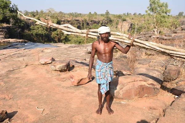 A bastar tribal man carrying woods and axe — Stock Photo, Image