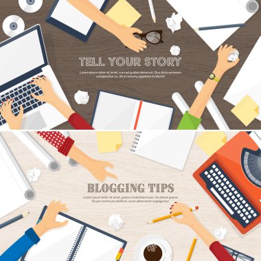 Vektör illüstrasyon. Düz daktilo. Dizüstü. Hikayeni anlat. Yazar. Bloglama.