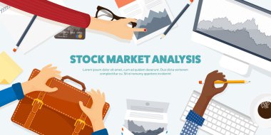 Vektör çizim. Düz arka plan. Piyasa ticaret. Ticaret platformu, hesap. Moneymaking, iş. Analiz. Yatırım.