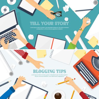 Vektör illüstrasyon. Düz daktilo. Dizüstü. Hikayeni anlat. Yazar. Bloglama.