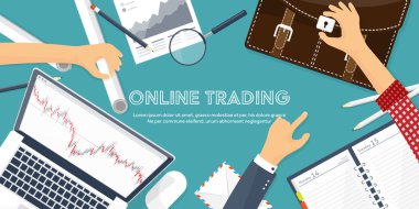 Vektör çizim. Düz arka plan. Piyasa ticaret. Ticaret platformu, hesap. Moneymaking, iş. Analiz. Yatırım.