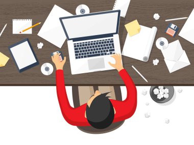 Çalışma alanı tablosu ve bilgisayar ile. Dizüstü bilgisayar, belgeler, kağıtları, not defteri, kalem. Evrak işleri. Ofis işleri, iş. Çalışma alanı yönetimi. Yaratıcı tasarım.