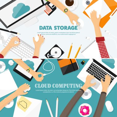 Vektör çizim. Çalışma alanı, belgeleri, tabloyla bilgisayar. Düz bulut bilgi işlem arka plan. Medya, veri sunucusu. Storage.Cd. kağıt boş web. Dijital teknolojileri. Internet bağlantısı.