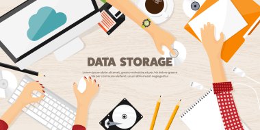 Vektör çizim. Çalışma alanı, belgeleri, tabloyla bilgisayar. Düz bulut bilgi işlem arka plan. Medya, veri sunucusu. Storage.Cd. kağıt boş web. Dijital teknolojileri. Internet bağlantısı.