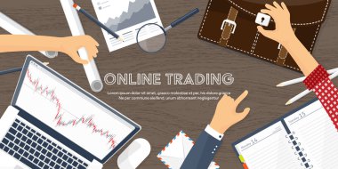 Vektör çizim. Düz arka plan. Piyasa ticaret. Ticaret platformu, hesap. Moneymaking, iş. Analiz. Yatırım.