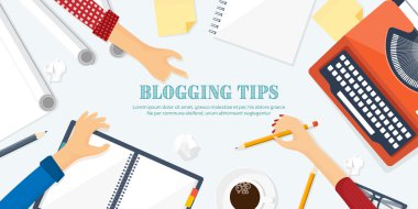 Vektör illüstrasyon. Düz daktilo. Dizüstü. Hikayeni anlat. Yazar. Bloglama.