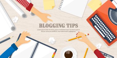 Vektör illüstrasyon. Düz daktilo. Dizüstü. Hikayeni anlat. Yazar. Bloglama.