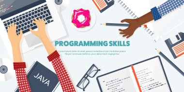 Programlama, kodlama. Düz bilgi işlem arka plan. Kod, donanım, yazılım. Web geliştirme. Arama Motoru Optimizasyonu. Yenilik, teknoloji. Mobil uygulama vektör çizim. SEO.