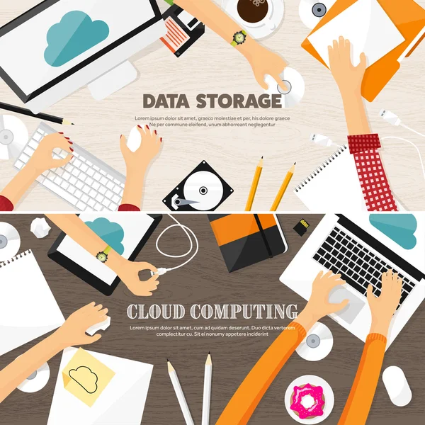 Vector illustration. Workplace, table with documents, computer. Flat cloud computing background. Media, data server. Web storage.CD. Paper blank. Digital technologies. Internet connection. — Stock Vector