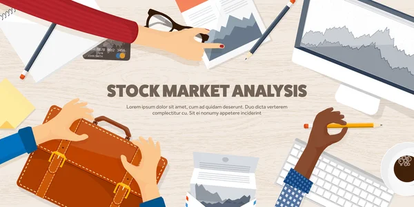 Vektorové ilustrace. Ploché pozadí. Obchod na trhu. Obchodní platforma, účet. Vydělávání peněz, podnikání. Analýza. Investování. — Stockový vektor