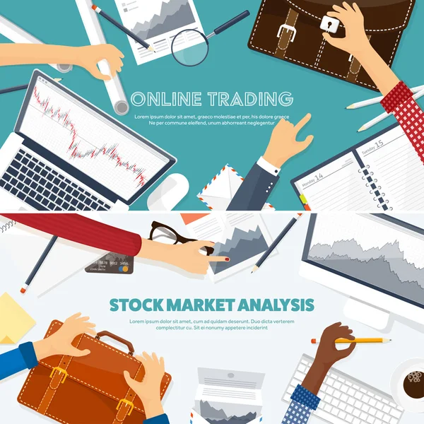 Illustrazione vettoriale. Fondo piatto. Commercio di mercato. Piattaforma di trading, conto. Fare soldi, fare affari. Analisi. Investire . — Vettoriale Stock