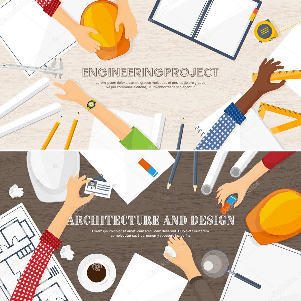 Vector illustration. Engineering and architecture. Drawing, construction. Architectural project. Design, sketching. Workspace with tools. Planning, building.