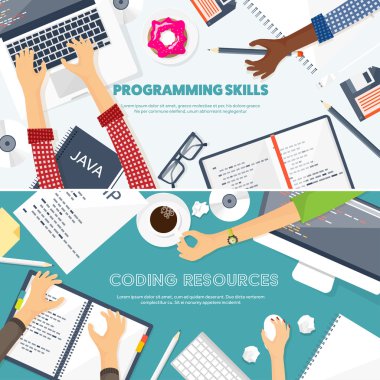 Programlama, kodlama. Düz bilgi işlem arka plan. Kod, donanım, yazılım. Web geliştirme. Arama Motoru Optimizasyonu. Yenilik, teknoloji. Mobil uygulama vektör çizim. SEO.