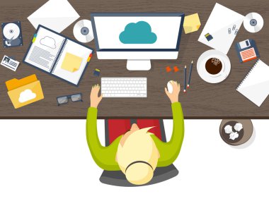 Vektör çizim. Çalışma alanı, belgeleri, tabloyla bilgisayar. Düz bulut bilgi işlem arka plan. Medya, veri sunucusu. Storage.Cd. kağıt boş web. Dijital teknolojileri. Internet bağlantısı.