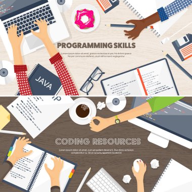Programlama, kodlama. Düz bilgi işlem arka plan. Kod, donanım, yazılım. Web geliştirme. Arama Motoru Optimizasyonu. Yenilik, teknoloji. Mobil uygulama vektör çizim. SEO.