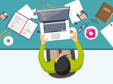 Programlama, kodlama. Düz bilgi işlem arka plan. Kod, donanım, yazılım. Web geliştirme. Arama Motoru Optimizasyonu. Yenilik, teknoloji. Mobil uygulama vektör çizim. SEO.