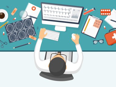 Tıbbi düz arka plan. Sağlık, ilk yardım, araştırma, kardiyoloji. Tıp, çalışma. Kimya Mühendisliği, eczane.