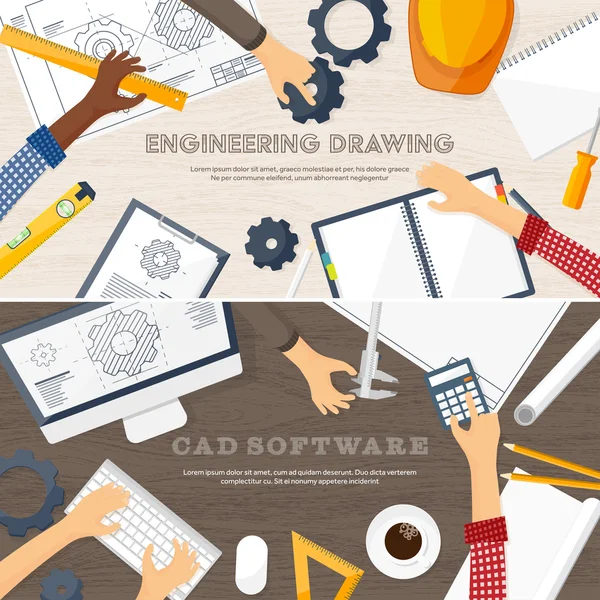 Vector illustration. Engineering and architecture. Drawing, construction. Architectural project. Design, sketching. Workspace with tools. Planning, building. — Stock Vector