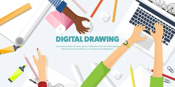 Graphic web design. Drawing and painting. Development. Illustration, sketching, freelance. User interface. UI. Computer, laptop. — Stock Vector