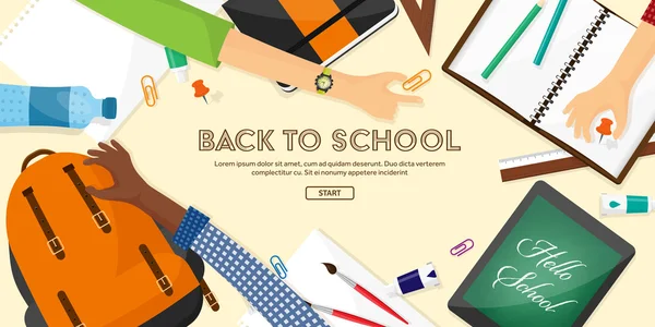 Back to school flat background. Online education and study. Teacher, student. — Stock Vector