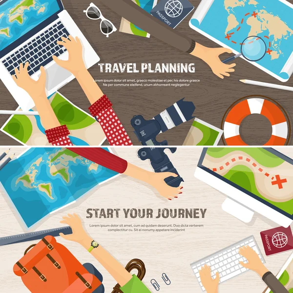 Travel and tourism. Flat style. World, earth map. Globe. Trip, tour, journey, summer holidays. Travelling,exploring worldwide. Adventure,expedition. Table, workplace. Traveler. Navigation. — Stock Vector