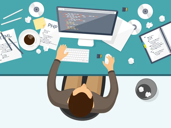 Programación, codificación. Fondo de computación plana. Código, hardware, software. Desarrollo web. Optimización de motores de búsqueda. Innovación, tecnologías. Aplicación móvil. Ilustración vectorial. SEO . — Vector de stock