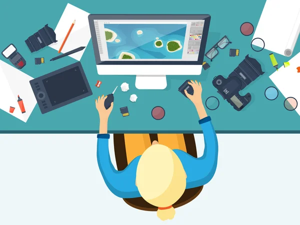 Photographer equipment on a table. Photography tools, photo editing, photoshooting flat background. Digital photocamera with lens. Vector illustration. Stock Vector