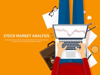 Vektör çizim. Düz arka plan. Piyasa ticaret. Ticaret platformu, hesap. Moneymaking, iş. Analiz. Yatırım.