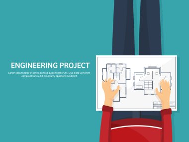 Vektör çizim. Mühendislik ve Mimarlık. Proje, inşaat. Mimari Proje. , Tasarlayın. Araçları ile çalışma alanı. Planlama, oluşturma.