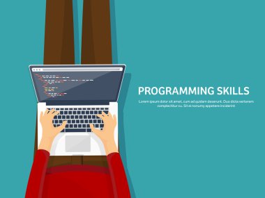 Programlama, kodlama. Düz bilgi işlem arka plan. Kod, donanım, yazılım. Web geliştirme. Arama Motoru Optimizasyonu. Yenilik, teknoloji. Mobil uygulama vektör çizim. SEO.