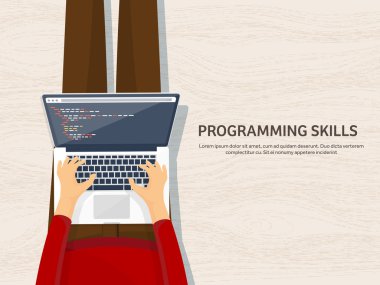 Programlama, kodlama. Düz bilgi işlem arka plan. Kod, donanım, yazılım. Web geliştirme. Arama Motoru Optimizasyonu. Yenilik, teknoloji. Mobil uygulama vektör çizim. SEO.