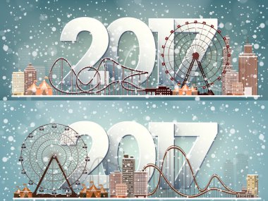 Vektör çizim. Kış kentsel peyzaj. Kar ile şehir. Noel ve yeni yıl. Cityscape. Buildings.2017.