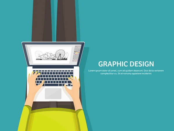 Grafische webdesign. Tekenen en schilderen. Ontwikkeling. Illustratie, schetsen, freelance. Gebruikersinterface. UI. Computer, laptop. — Stockvector