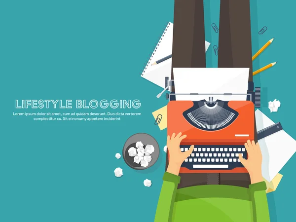 Χώρος εργασίας με γραφομηχανή. Επίπεδη σχεδίαση.Γράφοντας ένα blog, blogging.Storytelling technique.Copywriting. — Διανυσματικό Αρχείο