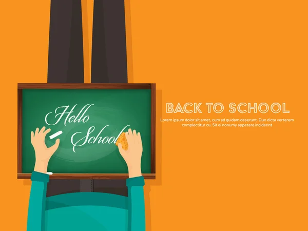 Volver a la escuela fondo plano. Educación y estudio en línea. Profesora, estudiante . — Vector de stock