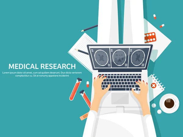 医疗平坦的背景。卫生保健、 急救、 研究、 心脏病。医学研究。化学工程制药. — 图库矢量图片