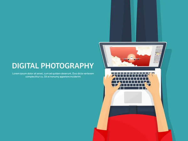 Equipo de fotógrafos en una mesa. Herramientas de fotografía, edición de fotos, fotografía de fondo plano. Fotocámara digital con lente. Ilustración vectorial . — Archivo Imágenes Vectoriales