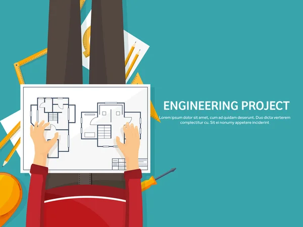 Ilustração vetorial. Engenharia e arquitetura. Desenho, construção. Projecto arquitectónico. Desenho, esboço. Espaço de trabalho com ferramentas. Planejamento, construção . —  Vetores de Stock