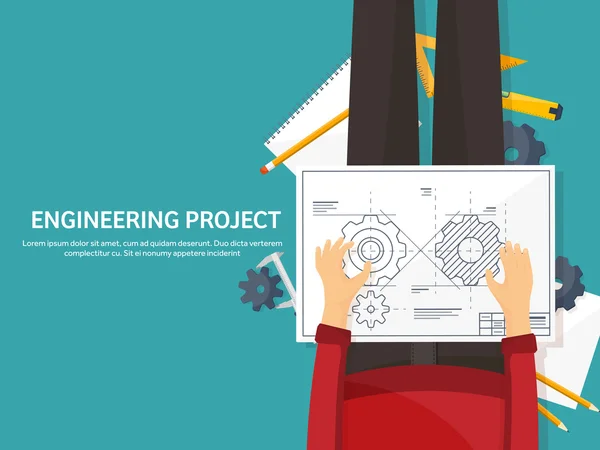 Ilustração vetorial. Engenharia e arquitetura. Desenho, construção. Projecto arquitectónico. Desenho, esboço. Espaço de trabalho com ferramentas. Planejamento, construção . —  Vetores de Stock