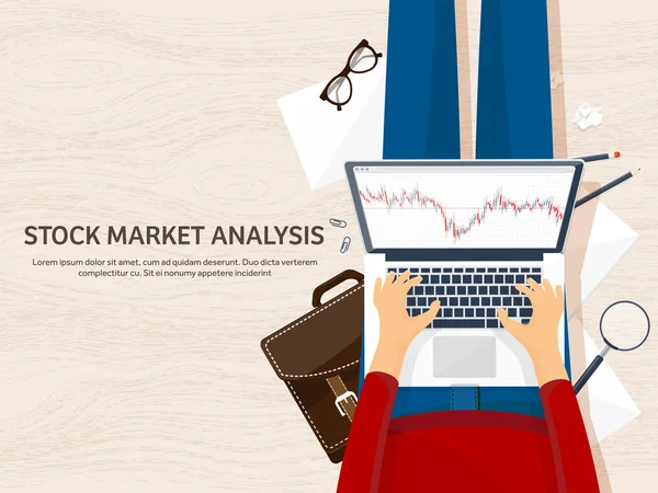 Illustrazione vettoriale. Fondo piatto. Commercio di mercato. Piattaforma di trading, conto. Fare soldi, fare affari. Analisi. Investire . — Vettoriale Stock