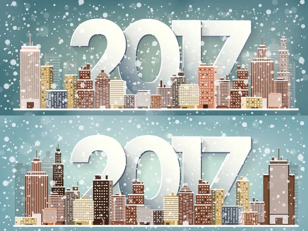 Illustration vectorielle. Paysage urbain hivernal. Ville avec neige. Noël et Nouvel An. Paysage urbain. Bâtiments. 2017 . — Image vectorielle