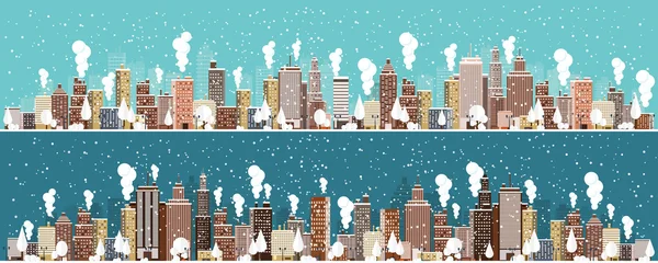 Ilustración vectorial. Paisaje urbano invernal. Ciudad con nieve. Navidad y año nuevo. Paisaje urbano. Edificios . — Vector de stock