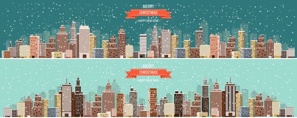 Ilustración vectorial. Paisaje urbano invernal. Ciudad con nieve. Navidad y año nuevo. Paisaje urbano. Edificios . — Archivo Imágenes Vectoriales