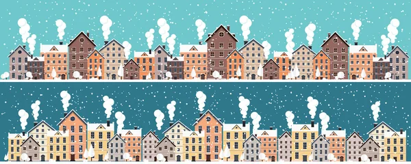 Vektor illustration. Urban vinterlandskap. Staden med snö. Jul och nyår. Stadsbilden. Byggnader. — Stock vektor