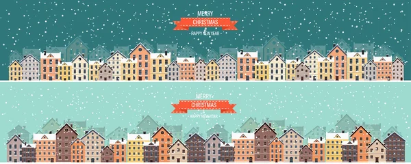 Illustrazione vettoriale. Paesaggio urbano invernale. Città con neve. Natale e Capodanno. Paesaggio urbano. Edifici . — Vettoriale Stock